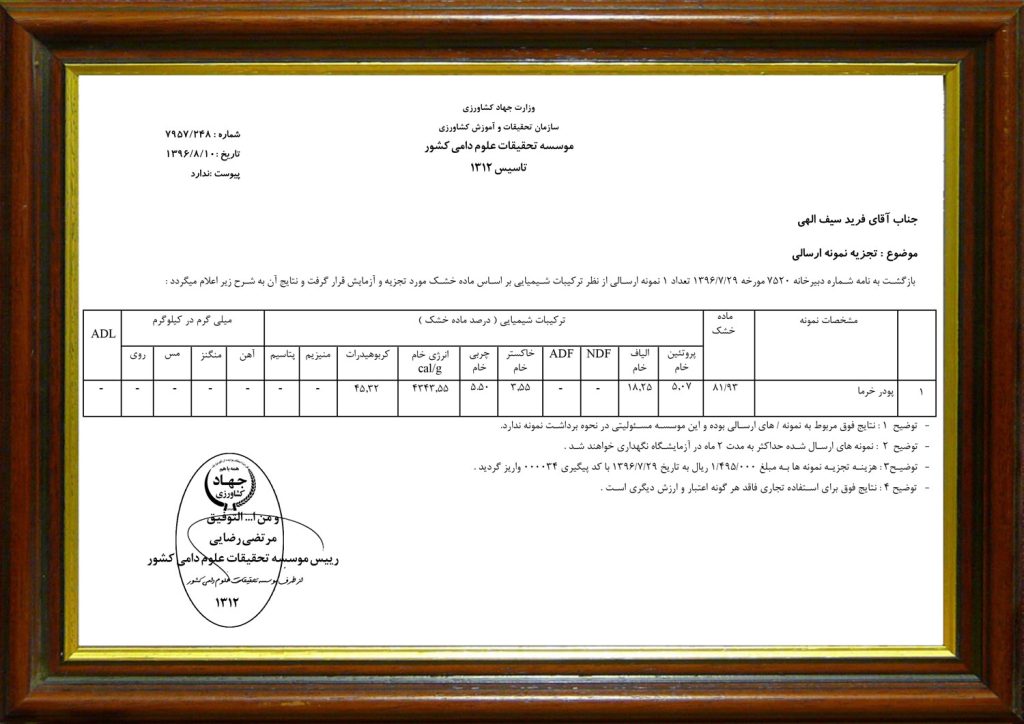 آنالیز پودر هسته خرما موسسه تحقیقات علوم دامی کشور